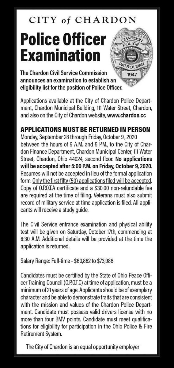 The City of Chardon Civil Service Commission is accepting applications for full-time police officer through 5 PM, October 10th.