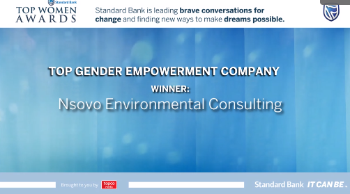 SBTopWomen's tweet photo. Top Gender-empowered Organisation: Biodiversity, Conservation &amp; Environmental Management goes to Nsovo Environmental Consulting

Congratulations Nsovo Environmental Consulting!

#SBTopwomen 
#SBTopwomenawards #topwomen #Awards https://t.co/BI1WrSR6Eb