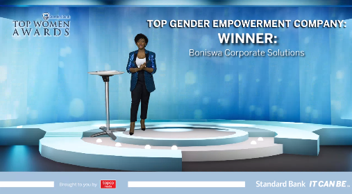 SBTopWomen's tweet photo. Top Gender-empowered Organisation: Information &amp; Communications Technology Award: Sponsored by @Maredi_Tech goes to Boniswa Corporate Solutions

Congratulations Boniswa Corporate Solutions

#SBTopwomen 
#SBTopwomenawards #topwomen #Awards https://t.co/qMLNPT4jDI
