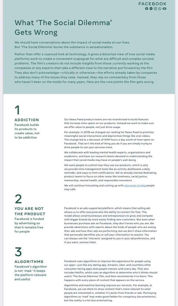 MattNavarra's tweet image. 😮 Wow...

Facebook has published this official response to Netflix’s ‘The Social Dilemma’ documentary 

about.fb.com/wp-content/upl…