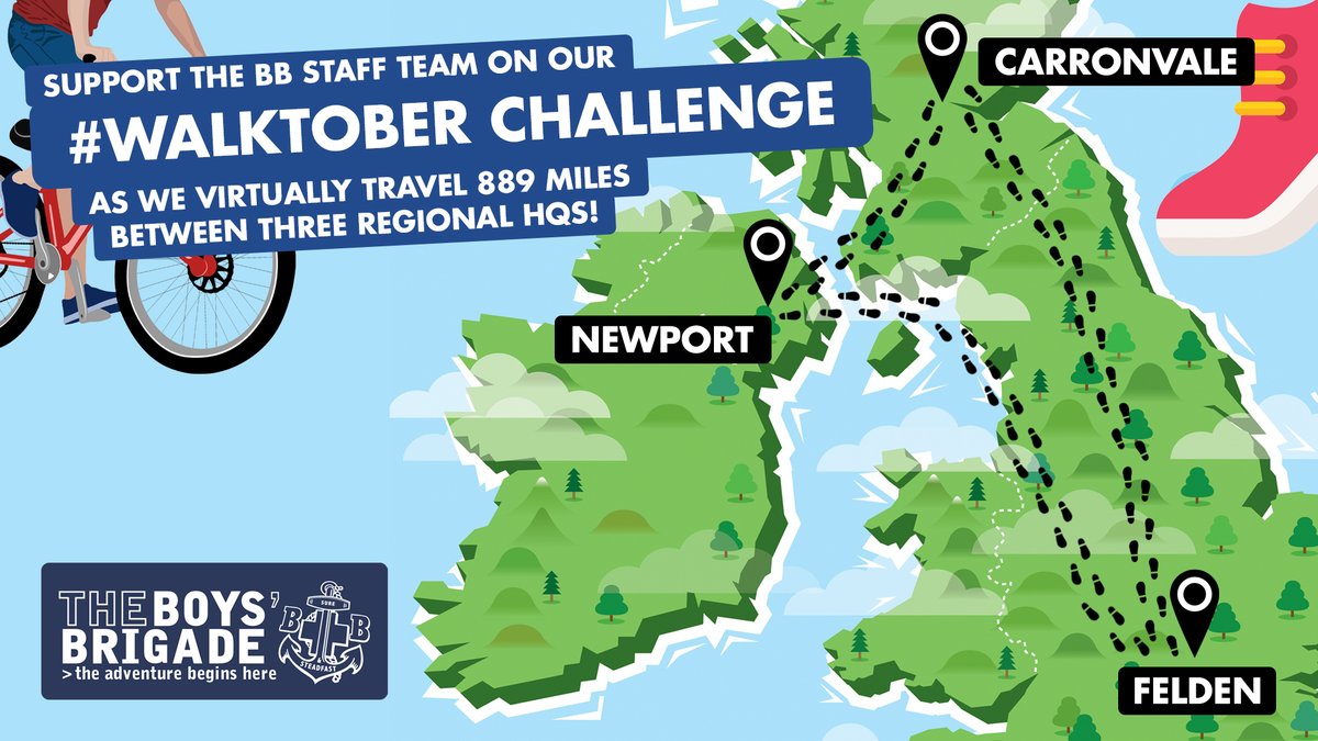 theboysbrigade's tweet photo. Through October our Staff Team is taking on a #Walktober Challenge - to walk, run, cycle and even swim 889 miles, the equivalent distance of a loop between three regional HQs! Find out more about how you can support by donating or holding your own event at https://t.co/WwX1ZyRm49 https://t.co/RRHPRUsIC2