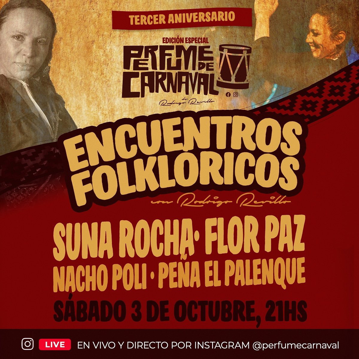 perfumecarnaval's tweet photo. Mañana a las 21 en vivo por IG @perfumecarnaval 
@sunarocha @FlorPazOficial @NachitoPolii #PeñaElPalenque https://t.co/KSYToTmXdC