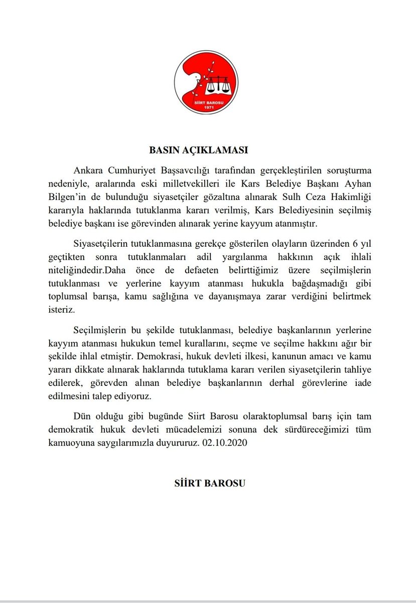 TUTUKLAMALAR VE KAYYIM ATANMASINA DAİR BASİN ACİKLAMASİ