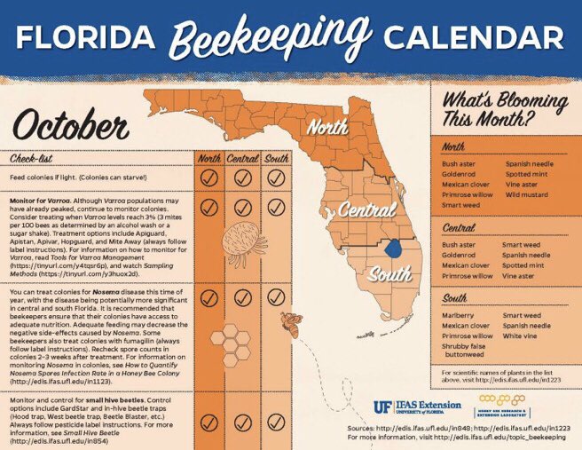 It’s already October! We’ve got a monthly management calendar ready for you as we approach cooler temperatures for your bees. Check this link for more info: blogs.ifas.ufl.edu/entnemdept/201…
#UFHoneyBeeLab #UFHoneyBee #HoneyBee #UFbugs #Apismellifera #UniversityofFlorida #UFIFASExtension