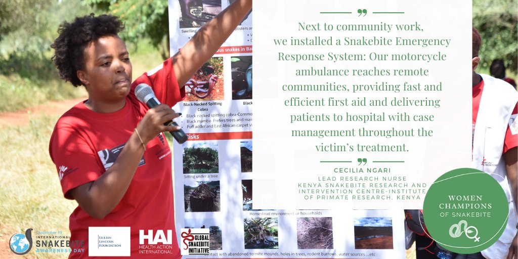 Minutes2DieDoc's tweet photo. Cecilia Ngari is a health professional and research scientist in Africa, and a key member in implementing a motorcycle ambulance response unit to treat #snakebite victims. Learn more about the #WCOS: https://t.co/Pe8kseOW3s https://t.co/3HErt0MRpr