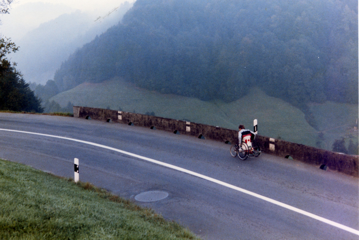 RickHansenFdn's tweet photo. 35 years ago today, Rick reached the highest peak in the his World Tour so far—St. Anton in the Swiss Alps. Rick wheeled for 16 hrs &amp; 72 miles in one day, at one point wheeling backwards to protect his shoulder. Help us celebrate 35 years! #MIMWTMemories 
https://t.co/gYlBnQeXGD https://t.co/coEBT31NgA