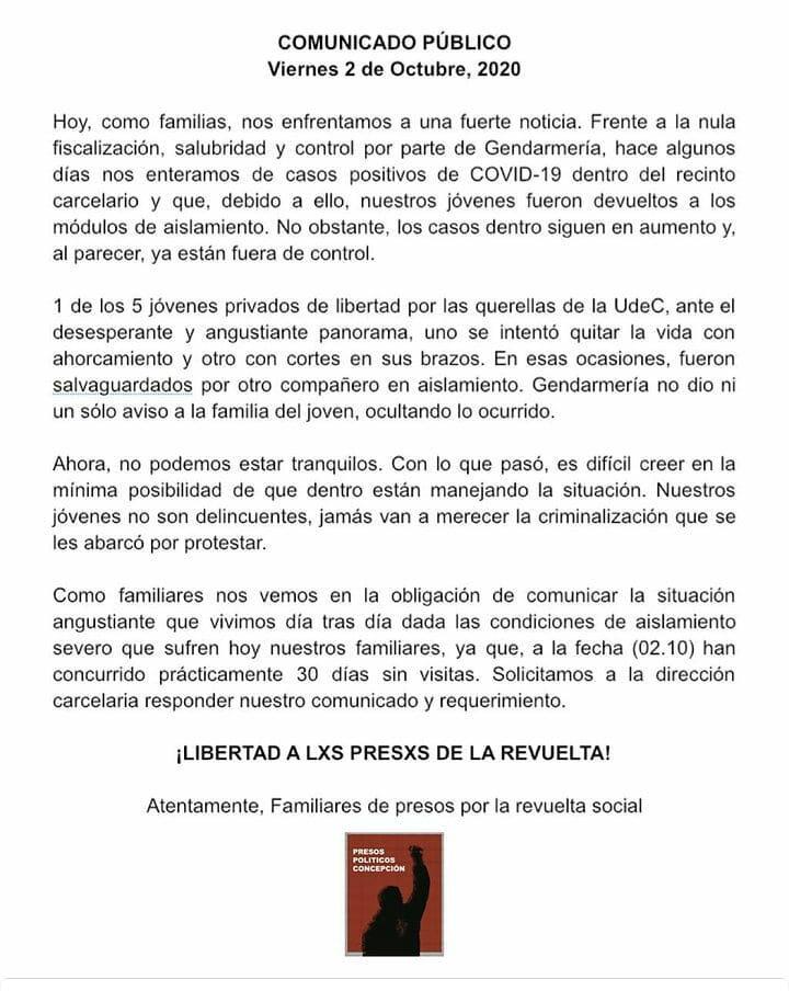 Coordinadora18O's tweet image. ⭕COMUNICADO PÚBLICO⭕ Familiares de Presos Políticos Concepción, denuncian las negligencia de gendarmería frente al aumento de infectados por covid, y el intento de suicidio de uno de los compañeros, dado a la complejidad del caso al interior de la cárcel.