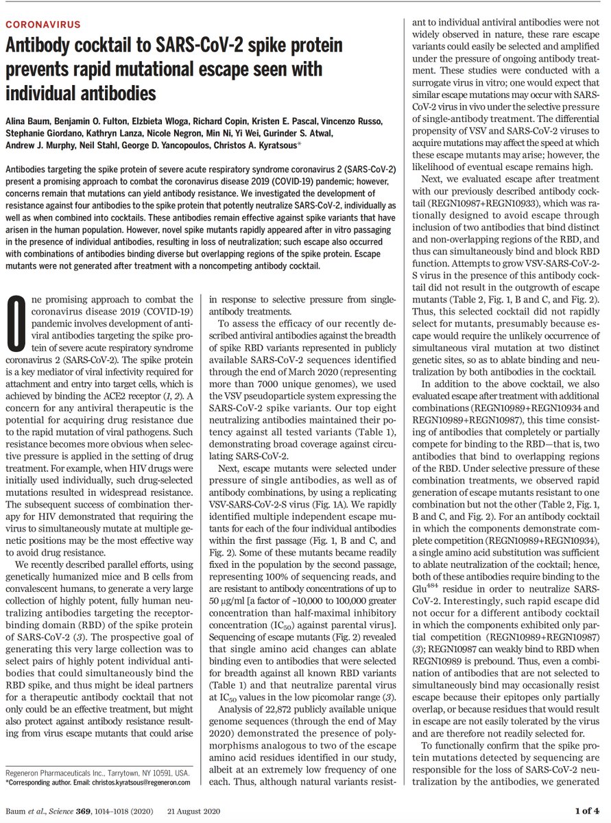 2. The dose given (8 g) was the highest tested. There were also non-human primate studies.Here is the main paper  @ScienceMagazine rationale for the "cocktail" as compared to a single monoclonal for the other antibody programs. https://science.sciencemag.org/content/369/6506/1014