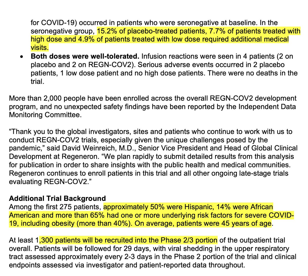 Some comments on treating w/ the  @Regeneron monoclonal antibody infusion.1.  @statnews piece by  @matthewherper  https://www.statnews.com/2020/09/29/regenerons-covid-19-antibody-may-help-non-hospitalized-patients-recover-faster-early-data-show/and company press release with more extensive dataThe viral load clearing effects were related to being antibody negative