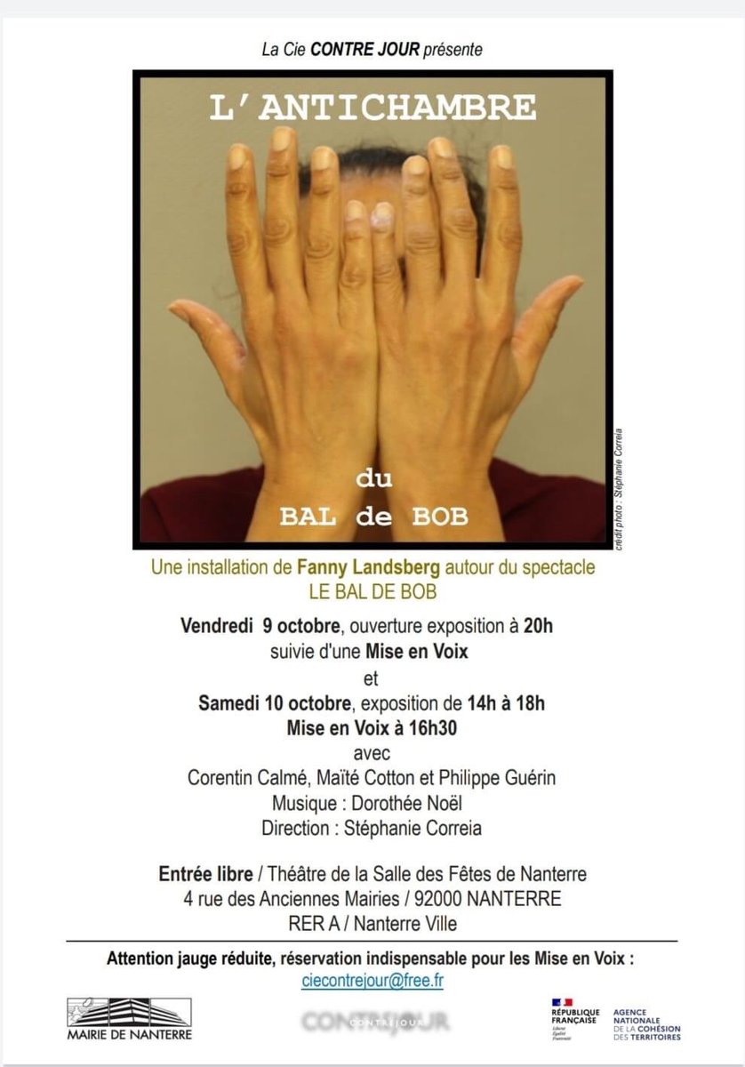 Geosinandissis's tweet photo. #Danse Les 9 et 10 octobre au #Théâtre de la salle des fêtes de @VilleNanterre, une installation de Fanny Landsberg, suivie d’une mise en voix des paroles des personnes rencontrées dans l’#EHPAD « La Chamade ». Entrée libre sous réservation  @Annie_De_Vivie @garcialaurent16 https://t.co/bicORbR0U4