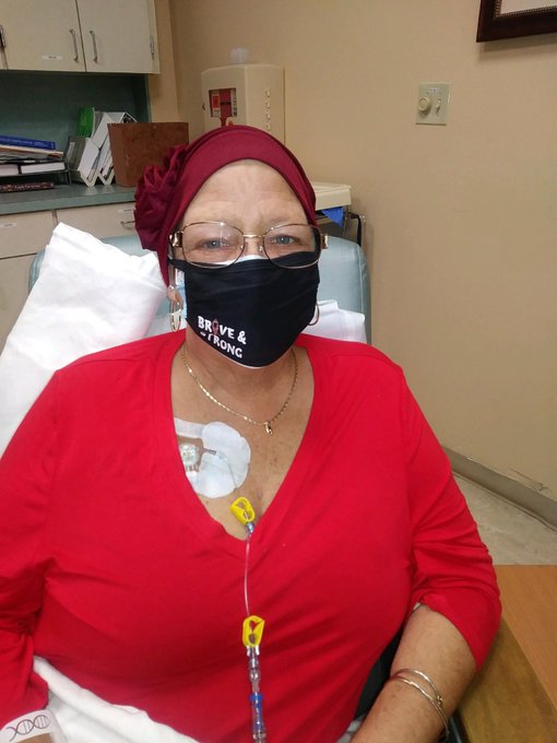 Just yesterday doing round 3 of Chemo. The mask was made by one of the nurses. They are fabulous. https://t<a href="/tag/humpdayhappiness"class="tags"><span>#humpdayhappiness</span></a>