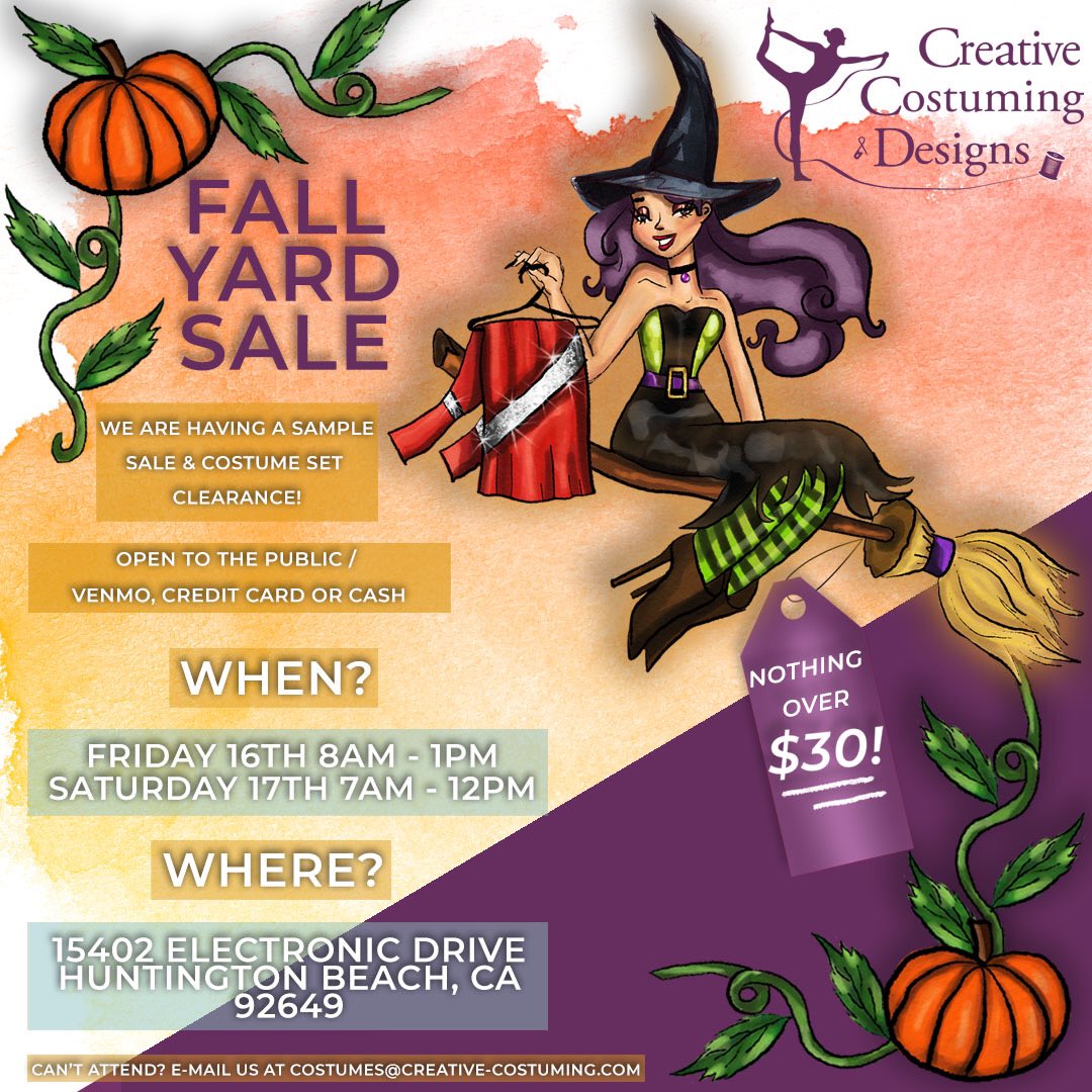We are having a FALL YARD SALE! 🍁🎃
It will be a sample sale of single &amp; full sets of costumes, fabrics, trims, and accessories here at our Creative Costuming office. Set a reminder! 
•
•
•
 #colorguard #dance #music #guardcostume #halloween #sale #costume #costumedesign