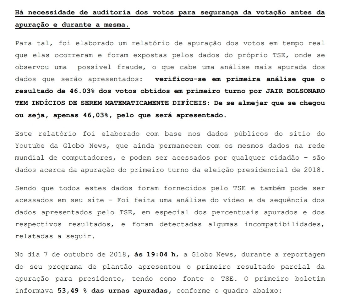 O TSE não conseguiu explicar a discrepância nos números. Os cálculos feitos pelo TSE estavam corretos. Porém o resultado estava diferente. Não é 46,03%, foi bem mais de 50%. Os dados obtidos são todos oficiais vindos do TSE. Não tem como questionar as fontes!