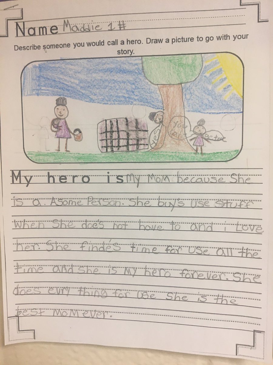 EllenSemel's tweet photo. This Commack Road Elementary student wrote about her hero. Our Ss need to think about the heroes in their lives. Who will influence you?  Who is your role model? Who is your hero? #islippride #cres https://t.co/YNFe4hLPw7