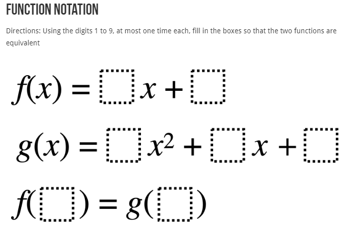 robertkaplinsky's tweet image. Are your students working with function notation? Try out this @openmiddle problem from @smidy_14. openmiddle.com/function-notat… #MTBoS #iteachmath