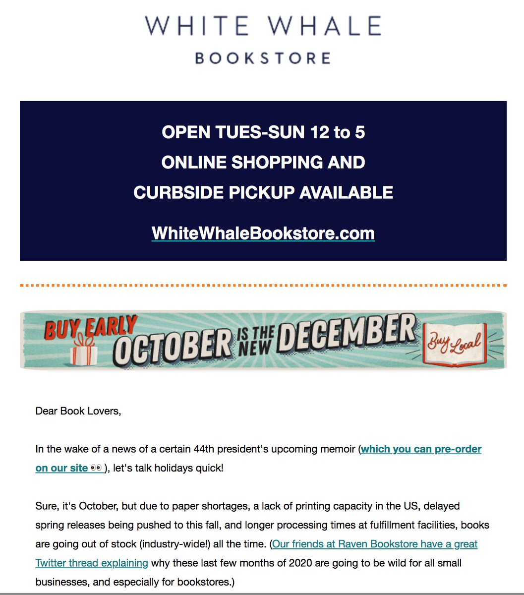 October newsletter is live! Most importantly: October is the new December. Plan and order presents now (today!) Books are going out of stock all the time, and we want to make sure you get the book you desire (for yourself or others, we don't judge). 1/12 https://mailchi.mp/e2da61d46193/febatww-3313350