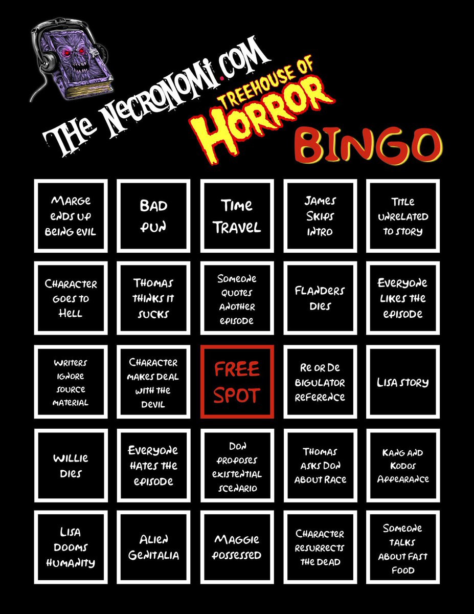 WWTPpod's tweet photo. Go check out @thenecronomi every day this month as they talk about the Simpsons Treehouse of Horror!

You might hear a familiar voice while you’re there...

And don’t forget your bingo card! https://t.co/x7P7WKOuGI