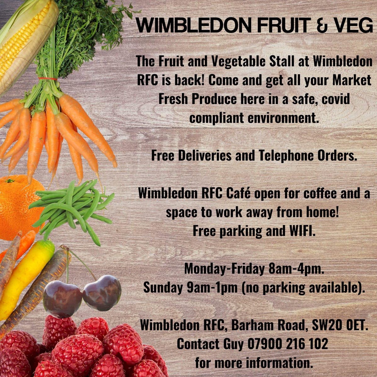 WimbledonRFC's tweet photo. We are excited to launch the @WimbledonRFC café and announce that the Fruit and Veg stall is back!

From next week we will be open Mon-Fri for the fruit and veg and Tues-Fri for the cafe. 

Come and get your Market fresh fruit &amp; veg, meet your friends for a coffee... https://t.co/bLPvMHQNvP