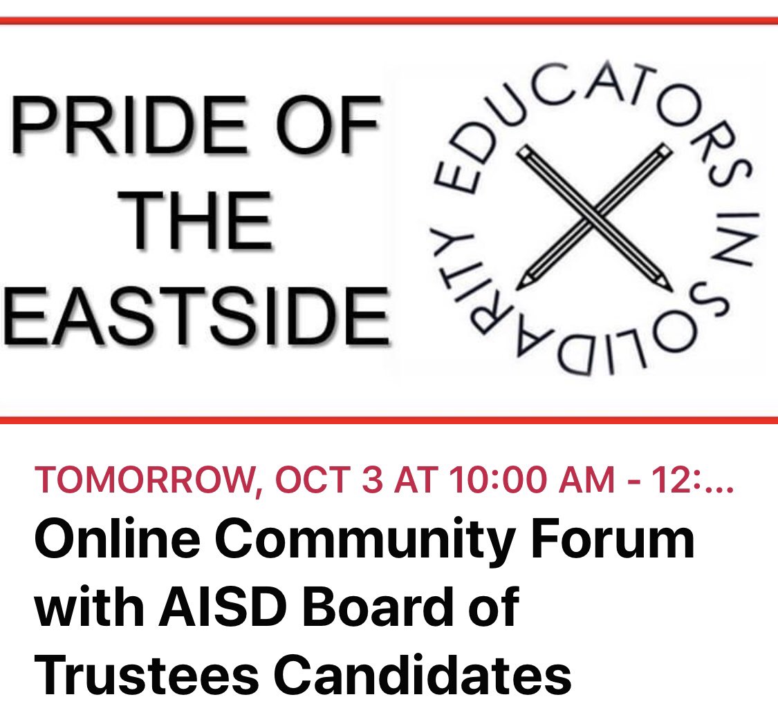 Looking forward to this community/-centered forum with Austin ISD candidates and @pride_eastside tomorrow at 10 AM! fb.me/e/3LDF6b07f