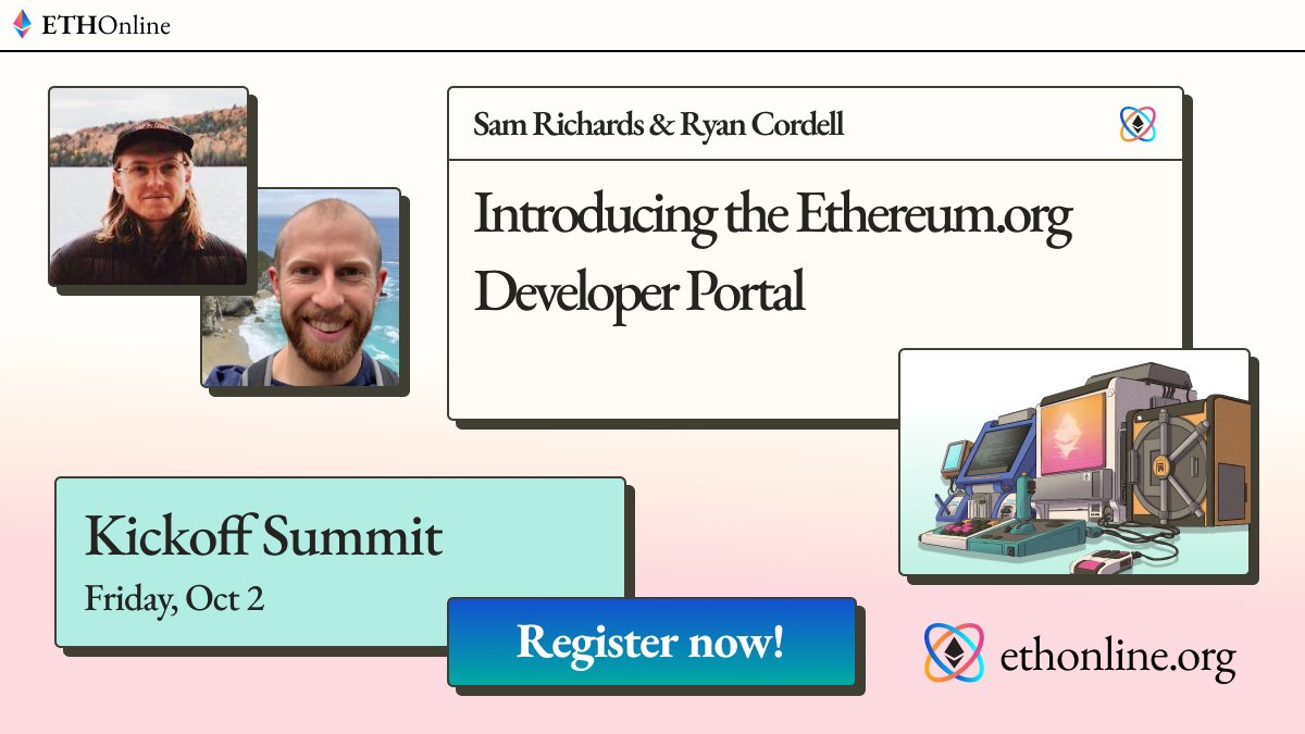 Starting now: "Introducing the  http://Ethereum.org  Developer Portal" w/  @samonchain  @ryancreatescopy Join here:  http://live.ethonline.org 