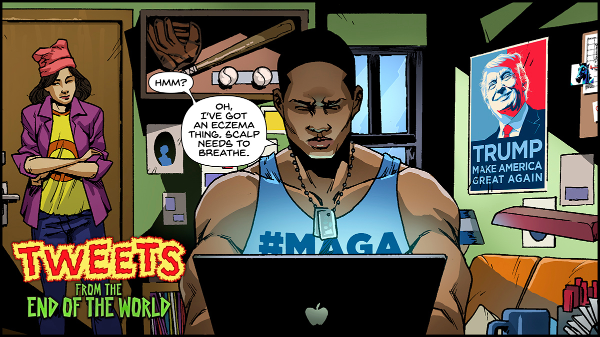 Social media will shock you in TWEETS FROM THE END OF THE WORLD! - An apocalyptic comic kind of like, well, now, where social media turns people into violent, unthinking zombies.

#TFEW #comics #zombies #horror #horrorcomedy #satire