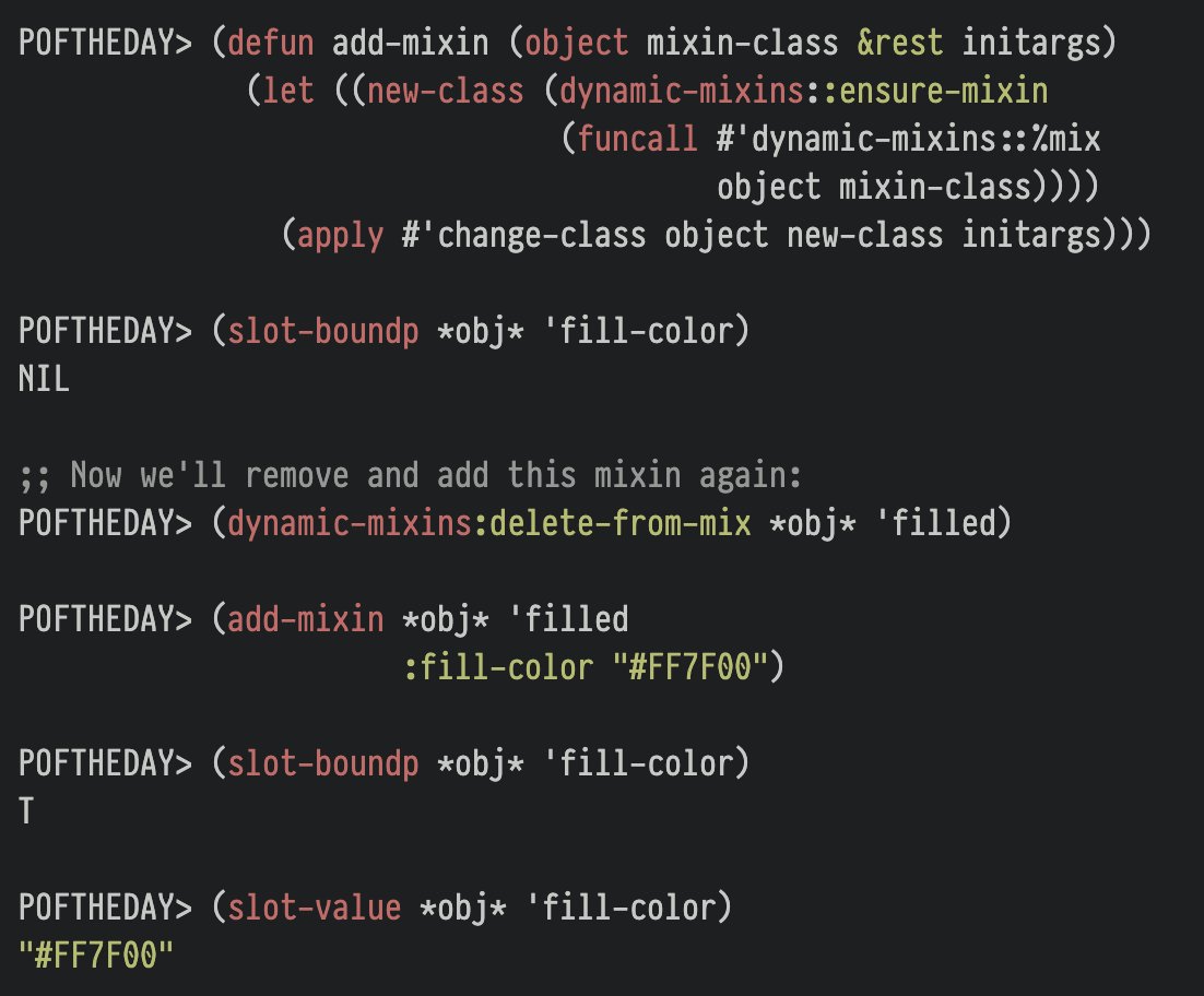 The only problem I found is that it is impossible to pass initargs to the ensure-mix function. Because of that, slots which we added along with the mixin, remain unbound.But I found the solution to this problem: