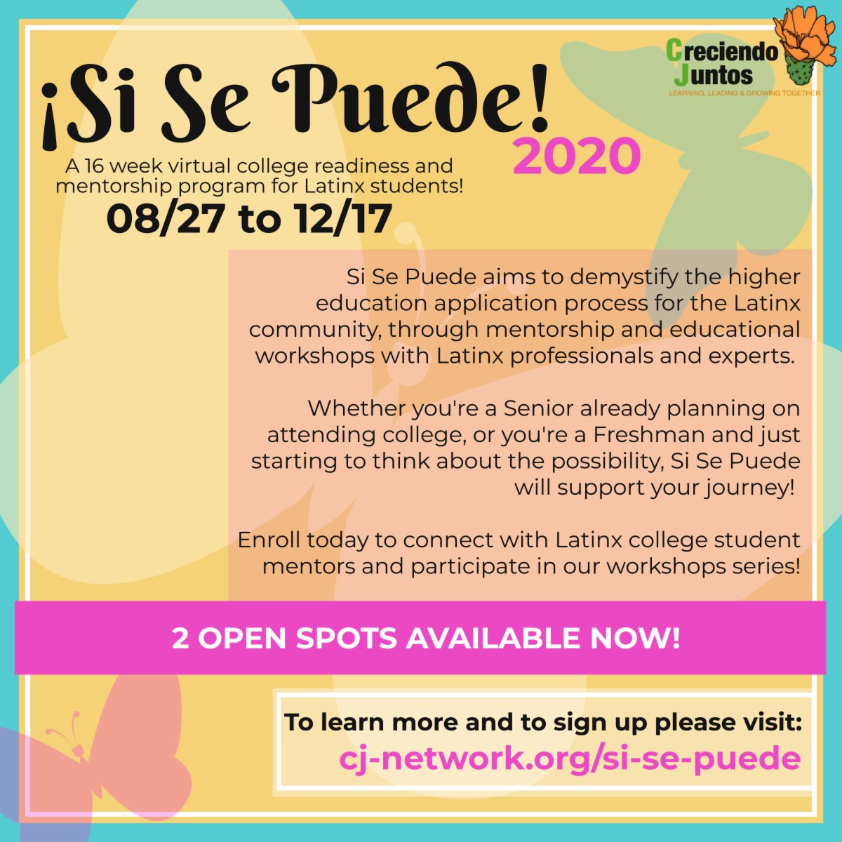 CJCville's tweet photo. Hello! 

Si Se Puede has TWO (2) OPEN SPOTS AVAILABLE! If you are interested in participating Si Se Puede, let us know ASAP! 

Contact us for any questions! https://t.co/xRttg4CmQG