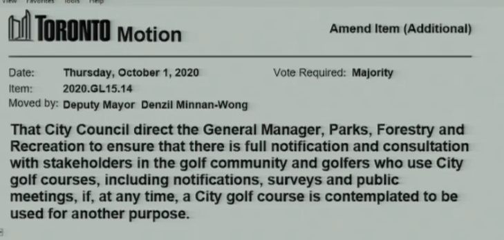 Deputy Mayor Minnan-Wong has a motion to make sure staff consult with the “golf community.”