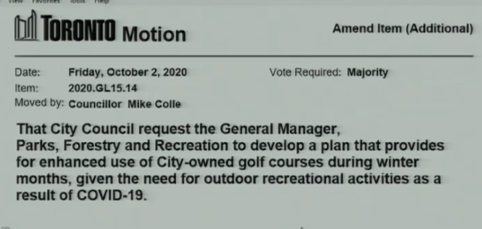 Councillor Mike Colle has a motion for staff to develop a winter use plan for the golf courses.