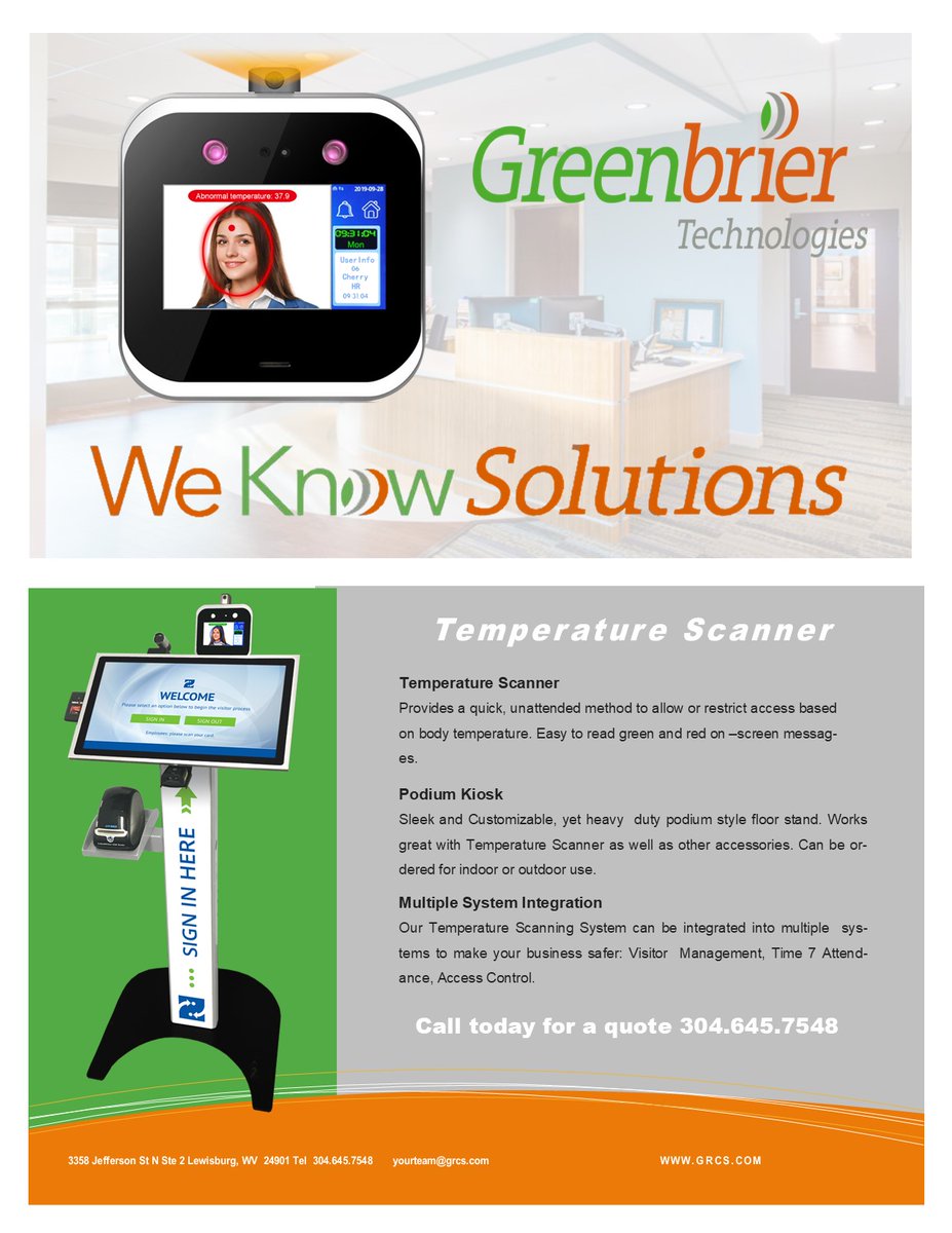 GreenbrierTech's tweet image. Call today to get a quote on one of our Temperature Scanning Solutions. #WeKnowSolutions #COVID19 #temperaturescreening