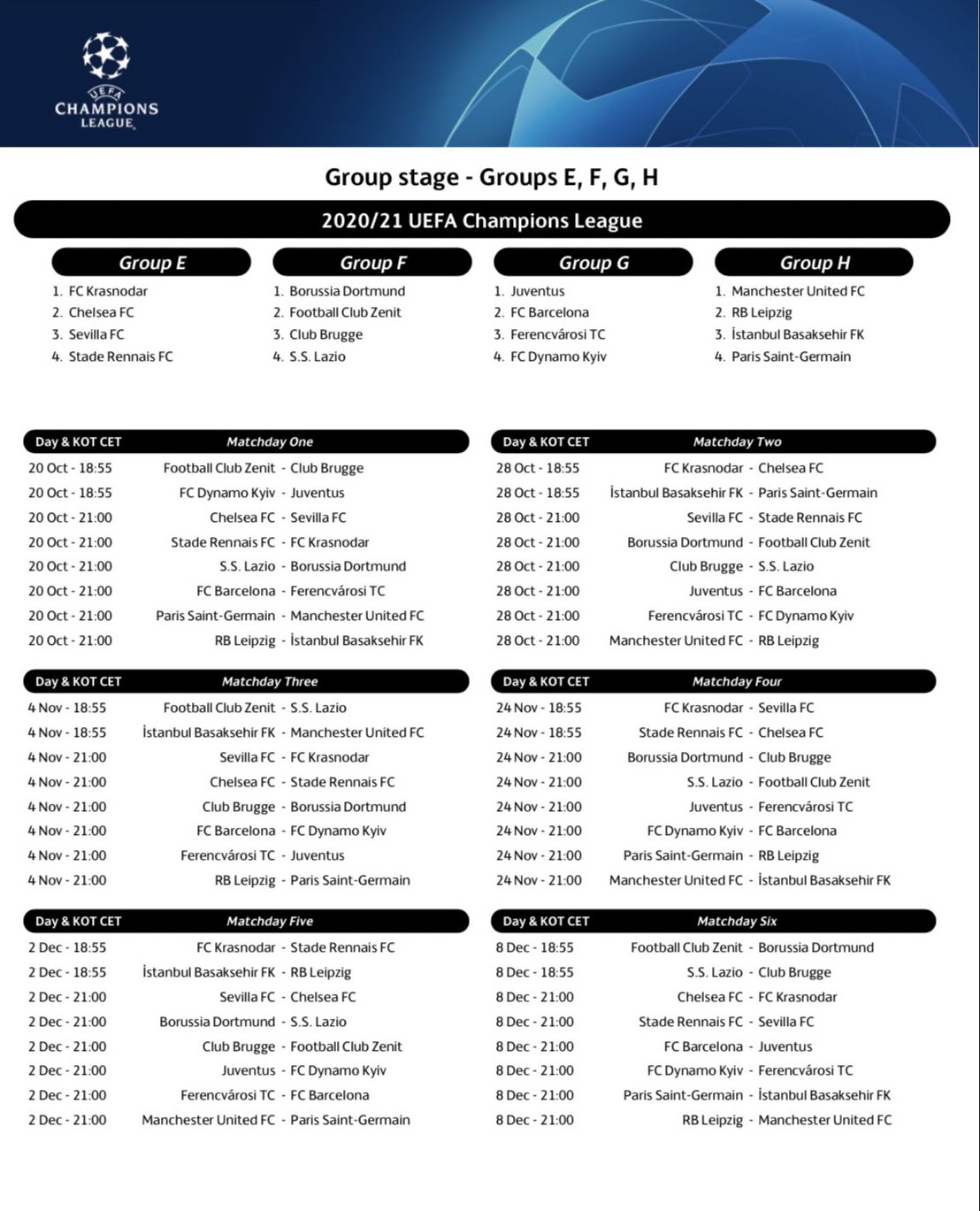 calendrier rencontre uefa