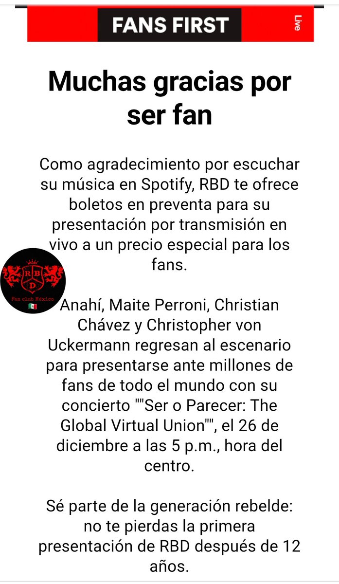 RBDmexico_FC's tweet photo. Dudas sobre la invitación
aquí los detalles⬇️
Recuerden que la pre-venta para #SerOParecer2020 inició hoy!Pendientes de sus correos para más información #SpotifyFanFirst
@RBD_oficial @Anahi @maiteperroni @christiancha @christopheruck #RBD @RBDWorldESP #RBDSerOParecer #RBDisback https://t.co/QEvYqFwQyy