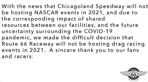 Unfortunate to see this
"Route 66 Raceway will unfortunately not be hosting drag racing events in 2021"
https://t.co/Hrh3g8ob8L
#NHRA @NHRA
#DragRacing
@Route66Raceway
#MotorsportEcosystem
| #RaceRemote https://t.co/54ztQ4a4kW