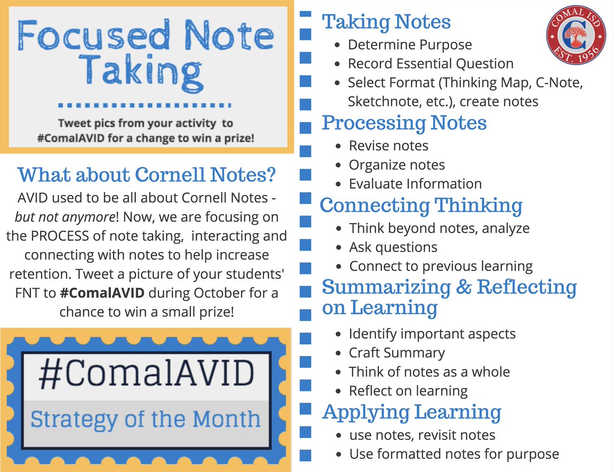 SKinginComal's tweet photo. #ComalAVID Strategy of the Month is Focused Note Taking! Tweet pictures of your students' FNTs during October for a chance at a prize!! https://t.co/v3gEbbMqj6