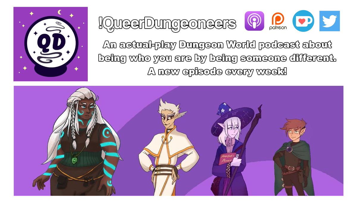 FIVE.  @QueerDungeons is, you guessed it, a  #queer  #actualplay  #DungeonWorld podcast about being who you are by being someone different. New episodes weekly. Check out their archive ( https://sites.google.com/view/queer-dungeoneers-transcripts/) and toss 'em a follow! They're currently giving away some RAD DICE.