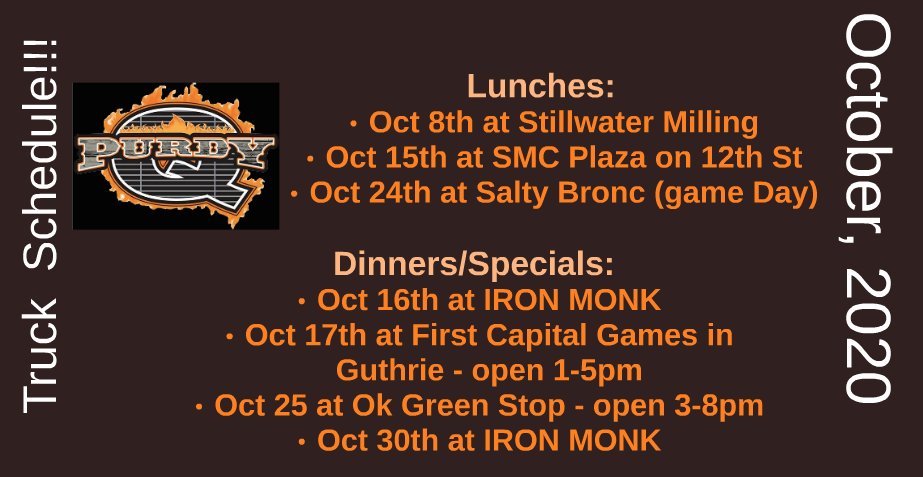 PurdyQBBQ's tweet photo. Truck schedule for the month of October https://t.co/vjXrU3dEEP