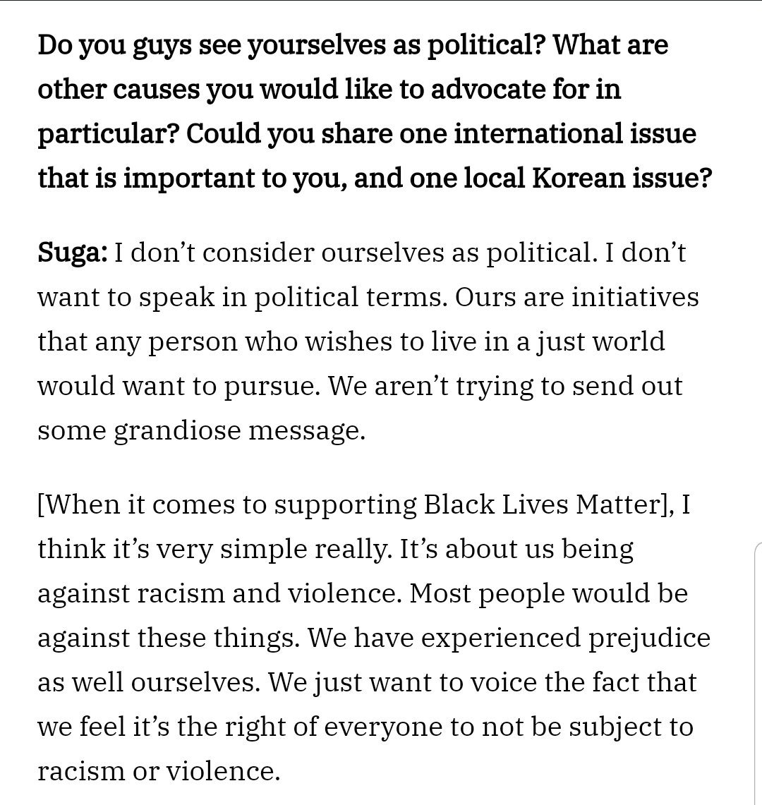 These responses from BTS got a lot of backlash from Kpop twt and I think I know why now. All this time, the Kpop community made them out to be political figures when they're not. So now that BTS are voicing it, they can no longer project onto them, which is why they're mad.