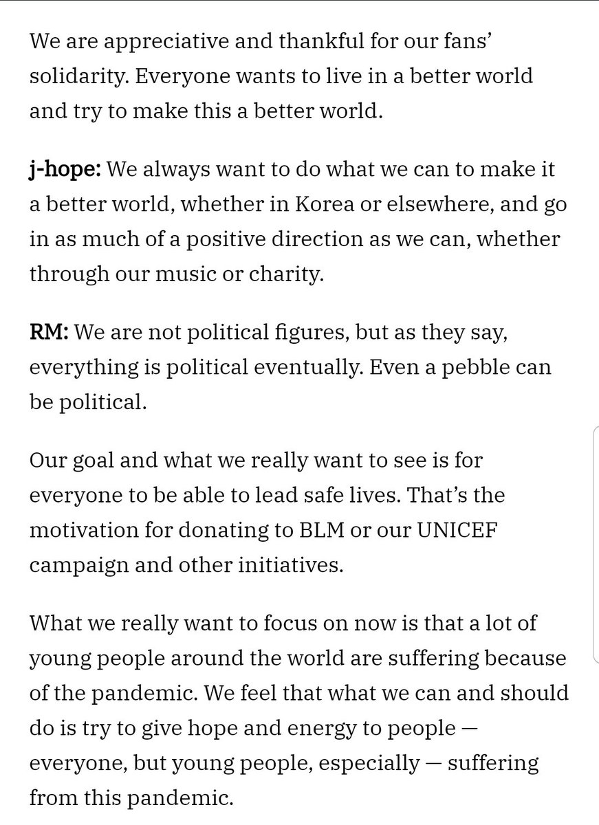 These responses from BTS got a lot of backlash from Kpop twt and I think I know why now. All this time, the Kpop community made them out to be political figures when they're not. So now that BTS are voicing it, they can no longer project onto them, which is why they're mad.