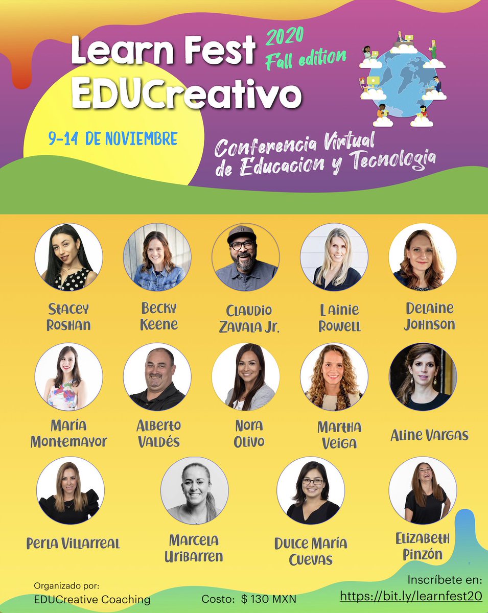 Ya esta abierto el registro para el Learn Fest EDUCreativo - Fall edition del 9 al 14 de noviembre.

¡12 webinars por menos de 6 dólares!

Solamente $130 pesos MXN, 
Mayor información en:
bit.ly/learnfest20 

#distancelearning #aprendoencasa
#edulearnfest20