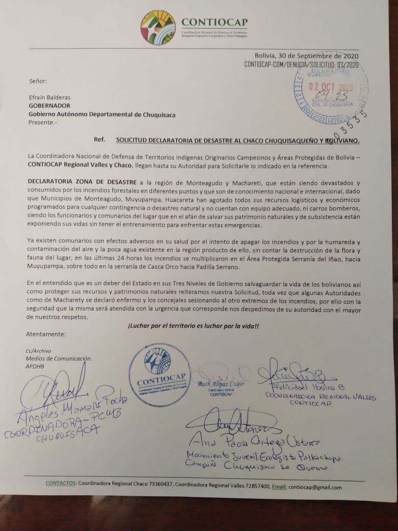 contiocap's tweet photo. La CONTIOCAP junto con otras organizaciones solicita a la Gobernación de Chuquisaca la declaratoria de DESASTRE a la región del Chaco de su jurisdicción, para agilizar la gestión de recursos ante el desastre de los incendios
#SOSChaco #Bolivia https://t.co/X5HlYLjDuE