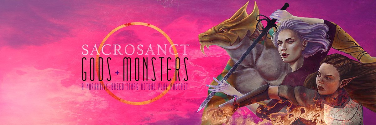 SIX.  @SacrosanctRp is a queer, hopepunk  #podcast set in a Forgotten Realms AU where the gods have gone silent -- and four strangers are mistaken for heroes! Check out past episodes ( https://sacrosanctrp.wordpress.com/ ) and buy 'em a Ko-fi ( https://ko-fi.com/sacrosanctrp )! Art by  @SeraSomatic.