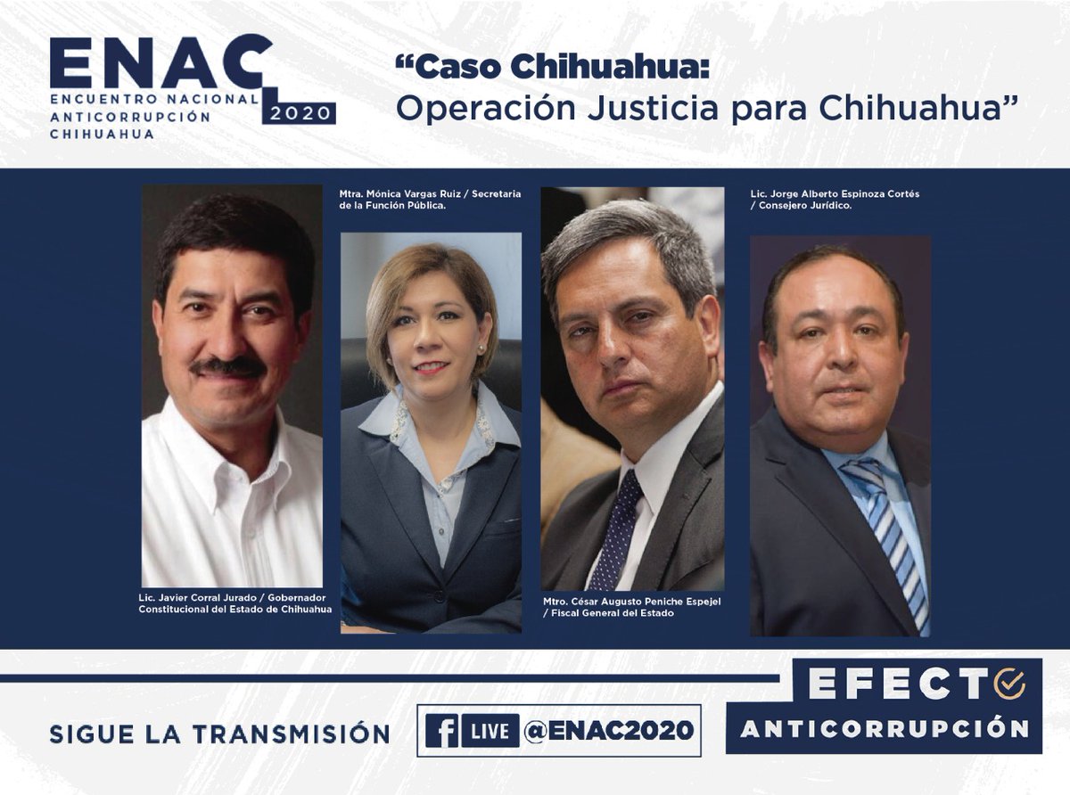 ENAC2020's tweet image. #Enbreve Para concluir nuestra edición del @ENAC2020, el Gobernador Javier Corral, la Titular de la @SFP_Chihuahua  @monicavaruiz, el Fiscal @PenicheCesar y el Consejero Jurídico del Estado Jorge Alberto Espinoza Cortés, hablarán sobre la ejemplar #OperaciónJusticiaParaChihuahua
