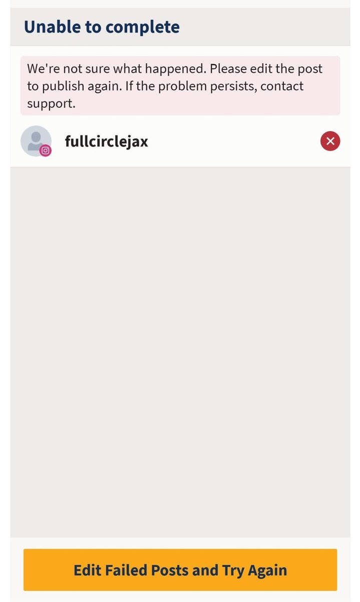 FullCircleJax's tweet photo. @Hootsuite_Help I am having trouble pushing a scheduled Instagram post.  I've tried to "post now", as well. Please advise. https://t.co/RI6q0f35yy
