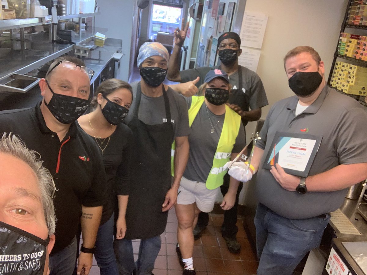 Celebrating a 20 year milestone with Steven Stork @Chili’s Fairview Heights!! Great job!! It’s been my pleasure working with you and watching you grow into the fine person you are today my friend! #chilislove ⁦<a href="/DingmanAdam/">Adam Dingman</a>⁩ ⁦@Cara_Destinlife⁩