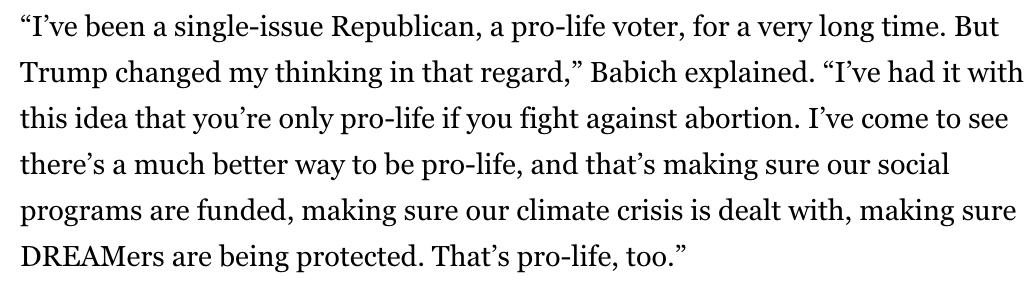 “I can’t be that single-issue Republican anymore.”Here are two Oakland County women explaining why — despite being pro-life — they cannot vote for Trump again.I've now heard some variation of this at least a dozen times in the last couple of weeks. https://www.politico.com/news/magazine/2020/10/02/trump-suburbs-white-women-michigan-423870