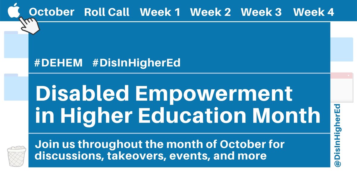 It's been pointed out that we haven't explained what #DEHEM stands for in a while so let's do it now (also we changed our profile name to reflect)

#DEHEM is Disabled Empowerment in Higher Ed Month! 

We want to highlight &amp; empower the disabled at all levels of higher ed!