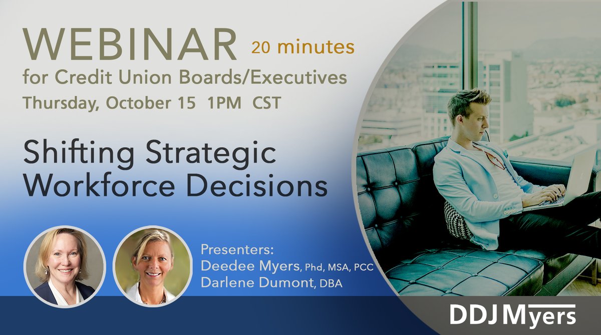 Register now #Webinar Shifting #StrategicWorkforce Decisions for #CUBoards &amp; #CUExecutives #CreditUnions.  bit.ly/3ioVqYp
#CreditUnion #Covid19 #Covid_19 #Workforce 
<a href="/TheRealCUES/">CUES</a> <a href="/DeedeeMyers/">DeedeeMyers, PhD</a> <a href="/Peter_Myers/">Peter Myers</a>