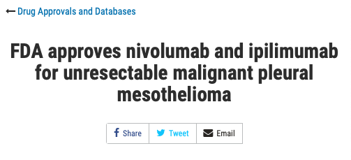 weoncologists's tweet photo. Just Out📢 @US_FDA 🇺🇸approves the combination of nivolumab plus ipilimumab as first-line treatment for adult patients with unresectable malignant pleural mesothelioma‼️
Based on efficacy results from #CHECKMATE743
#OncoAlert 🚨
https://t.co/9QBtCaeopb https://t.co/ZU38bTDeVz