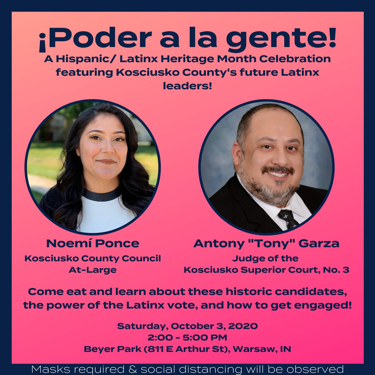 Show your support for our Latinx  @KosciuskoDems Candidates Noemi Ponce &  @for_garza at their evet: ¡Poder a la Gente! A Hispanic/ Latinx Heritage Month Celebration https://www.facebook.com/events/1258009787890140