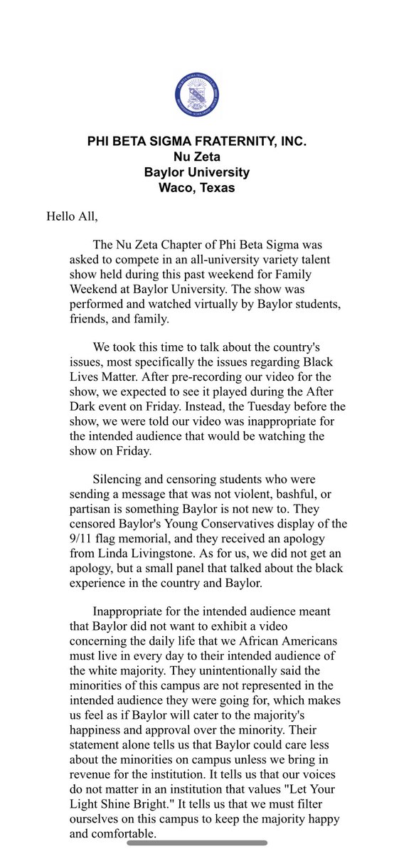 NZSigmas's tweet photo. For After Dark, we elected to use our platform to bring awareness to the issues of racial inequality facing people of color. @Baylor deemed our video as “inappropriate for the intended audience”. 

Below is our official statement as we WILL be heard🤘🏾

#MakeOurVoicesHeardBU https://t.co/yBt85wmytr